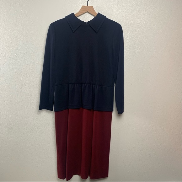 Vintage Oscar De La Renta Peplum Wool Blue And Maroon Midi Dress